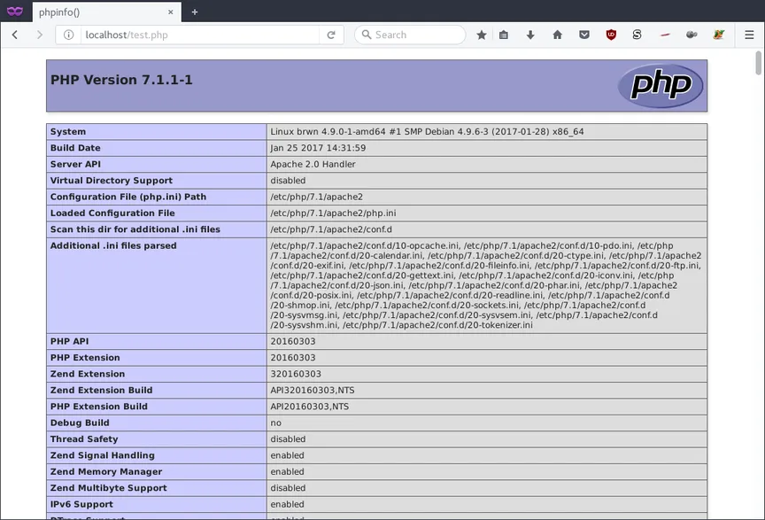 Web browser show localhost/test.php with phpinfo page