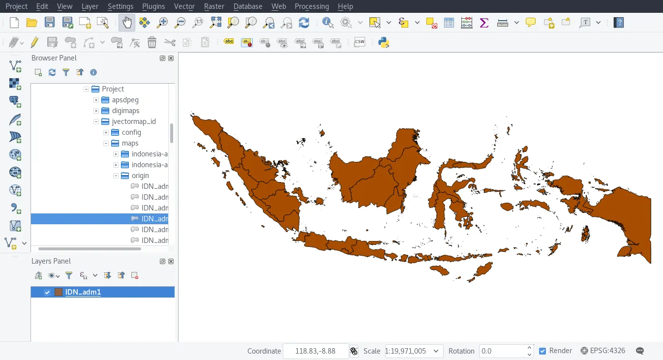 QGis window with Map of Indonesia
