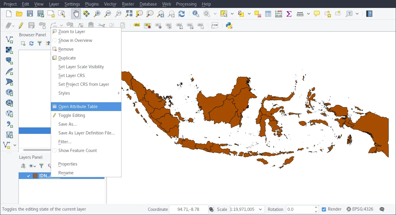 QGis window with context menu open