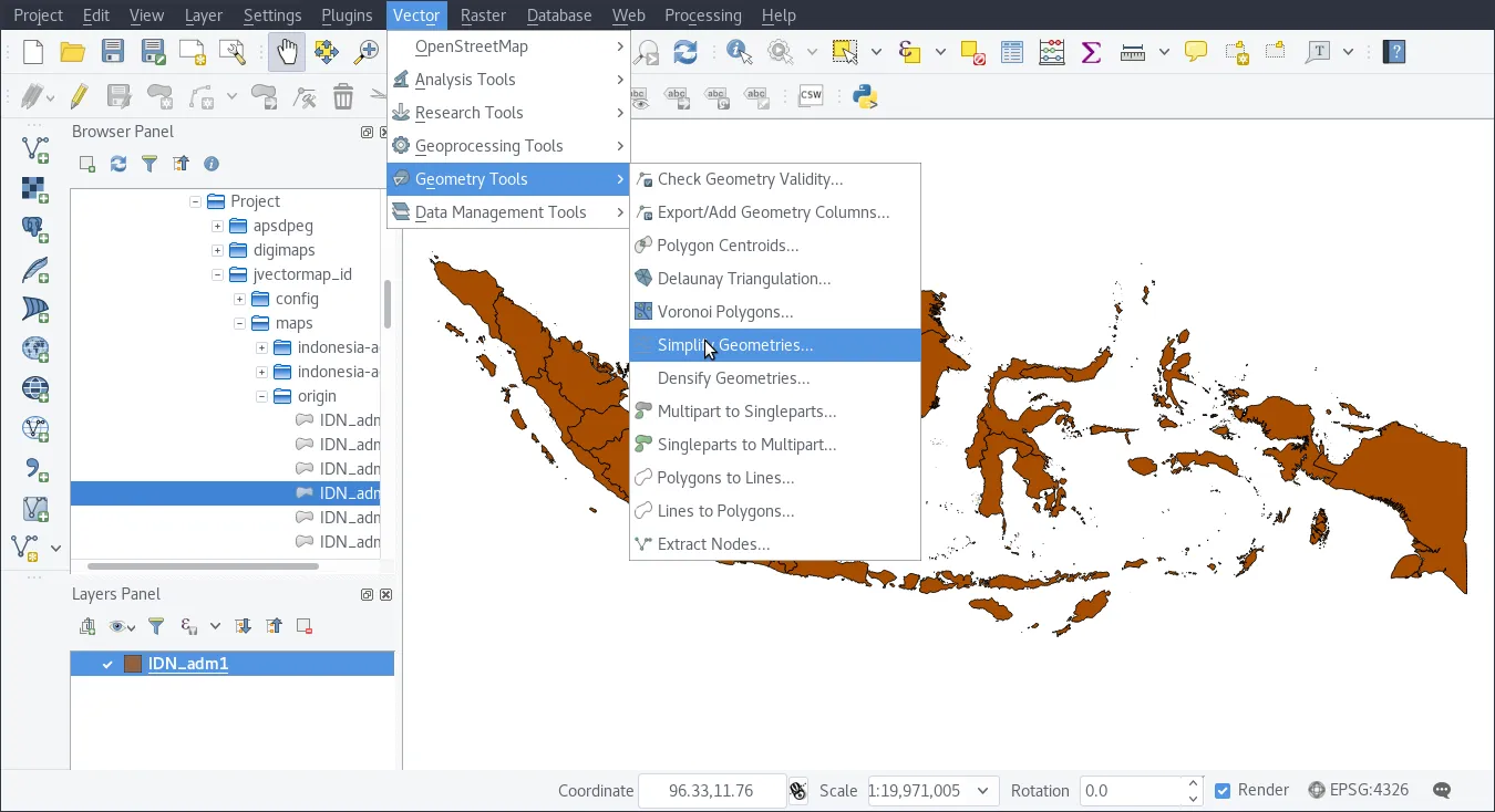 QGis window with vector menu open