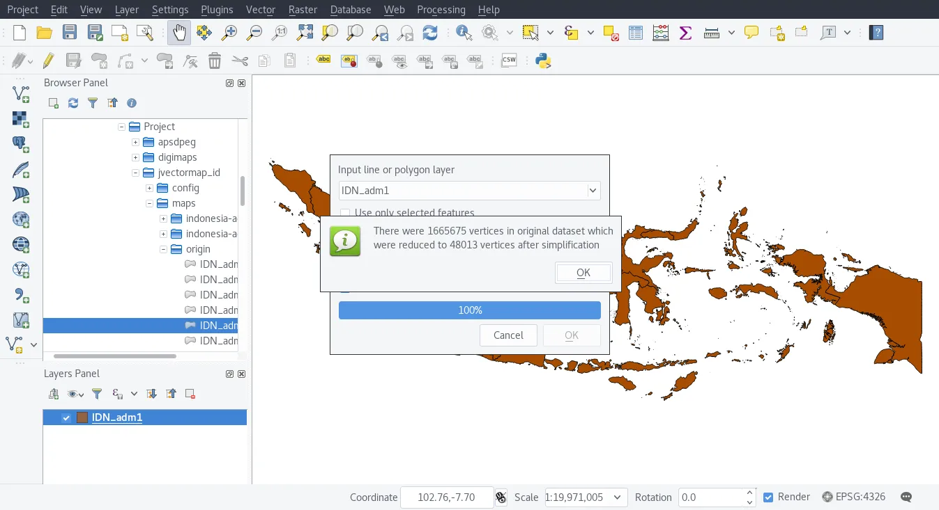 QGis window with Simplify proccess done