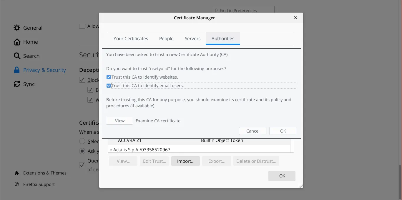 Firefox certificate manager import dialog