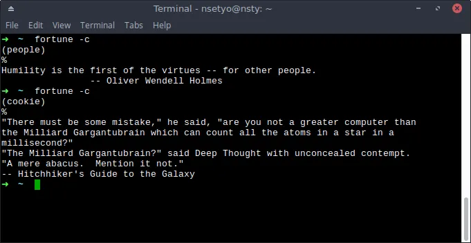 A terminal showing 'fortune -c' command output