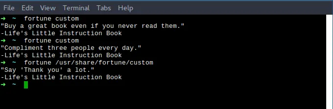 A terminal showing 'fortune custom' command output