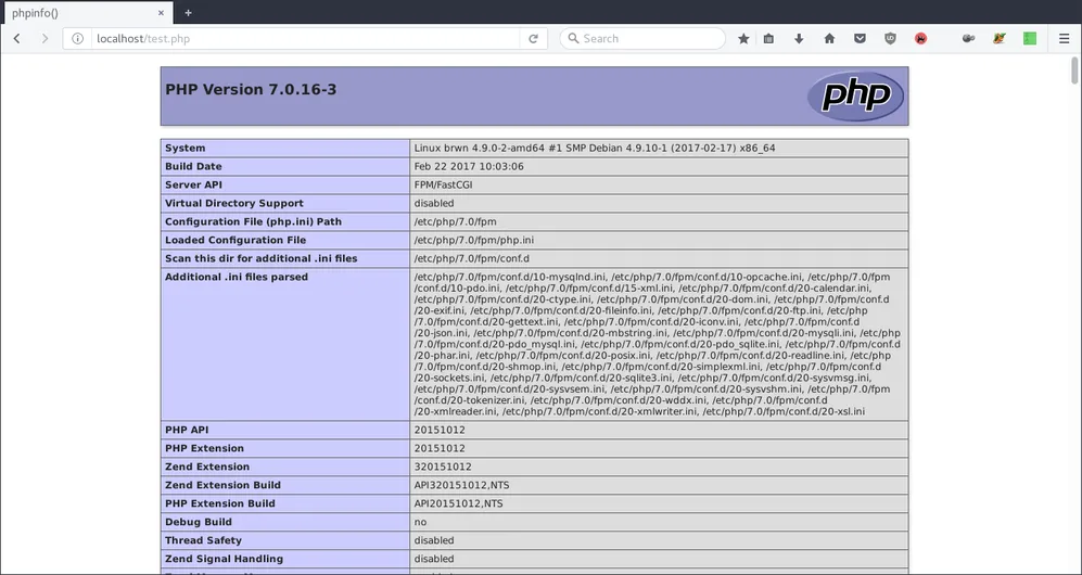 Web browser show localhost/test.php with phpinfo page